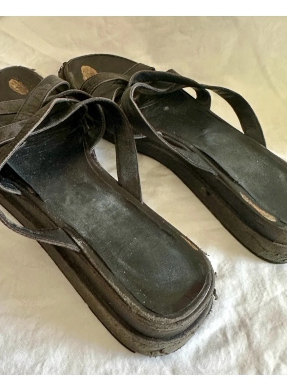 VINTAGE 1990s CHANEL DEBOSSED LOGO PLATFORM SANDALS CROSSOVER STRAPS BLACK 38